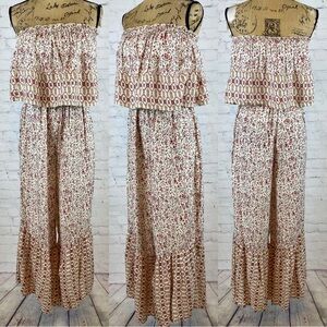 Japna Boho Print Ruffled Strapless Bell Bottom Jumpsuit